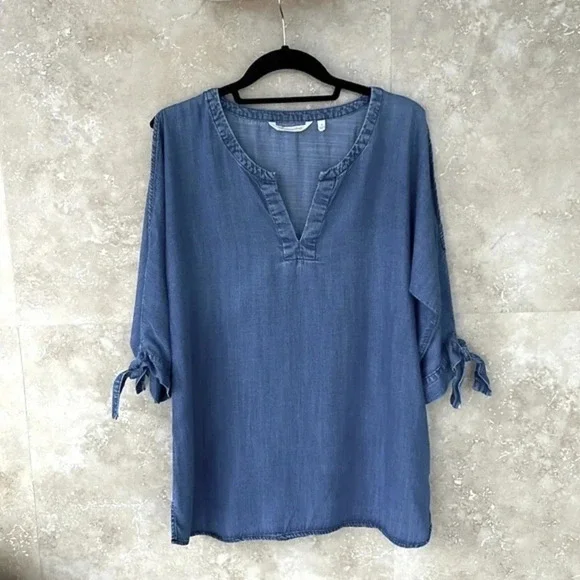 Soft Surroundings Women’s Blouse Cold Shoulder Split Neck Blue Size S - Picture 2 of 10